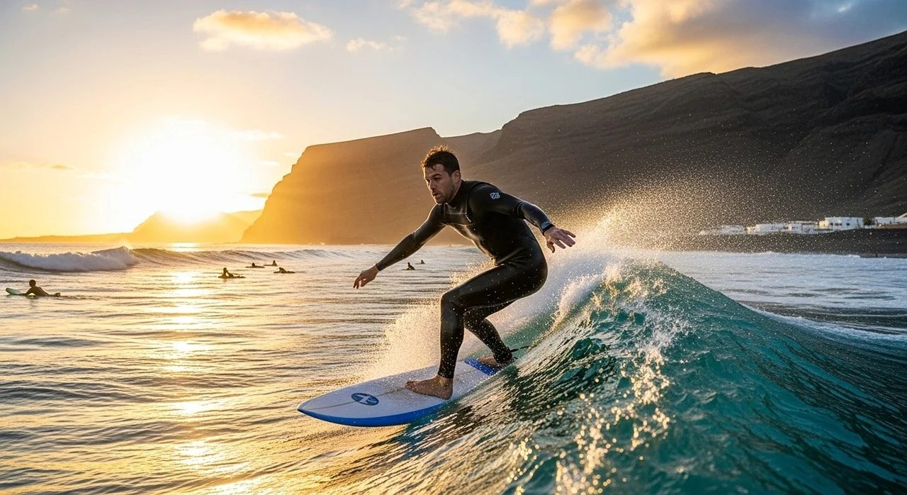 Surfer dropping into a wave